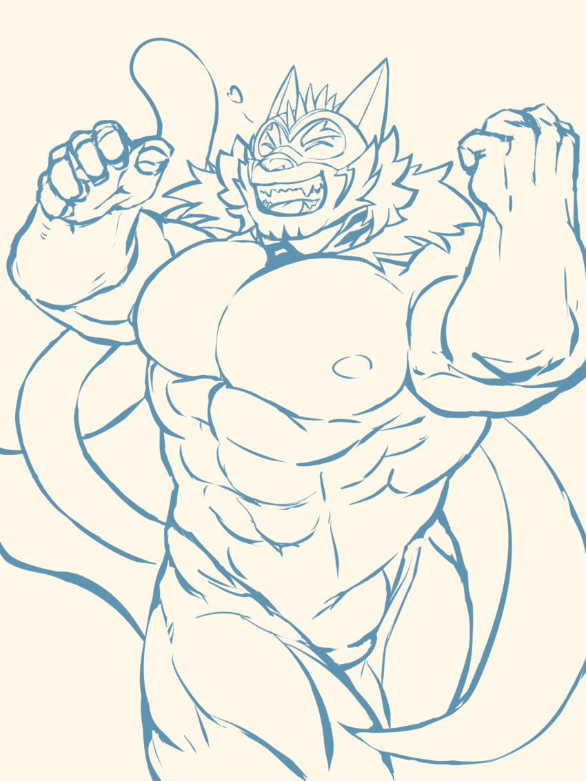 3:4 abs anthro clothing featureless_crotch flexing grin hi_res live-a-hero male muscular muscular_anthro muscular_male nipples nude pecs pose raiki smile solo spandex tight_clothing zin_teki