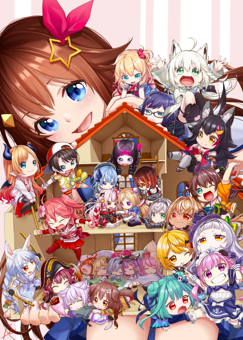 6+girls ahoge akai_haato aki_rosenthal amane_kanata anchor_print animal_ears azki_(hololive) backwards_hat bibi_(tokoyami_towa) black-framed_eyewear black_hair blonde_hair blue_eyes blue_hair bone_hair_ornament braid brown_hair bunny_ears bunny_girl carrot carrot_hair_ornament cat_ears cat_girl cellphone cherry_blossom_print cherry_blossoms chibi closed_eyes crown dark_skin dog_ears dog_girl dog_tail doll_house double_bun everyone fang fenrir_(fenlil0316) floral_print flower food_themed_hair_ornament fox_ears fox_girl glasses green_eyes hair_flower hair_ornament hairclip hat headband heart highres himemori_luna hololive horns hoshimachi_suisei houshou_marine inugami_korone kiryuu_coco ladder light_purple_hair long_braid long_hair looking_at_viewer maid_headdress minato_aqua multiple_girls murasaki_shion nakiri_ayame natsuiro_matsuri nekomata_okayu nontraditional_miko nose_bubble one_eye_closed one_side_up ookami_mio oozora_subaru open_mouth orange_eyes orange_hair phone pink_hair pirate_hat pointy_ears purple_hair red_skirt roboco-san sakura_miko shirakami_fubuki shiranui_flare shirogane_noel signature skirt skull_hair_ornament sleeping smartphone star_(symbol) star_hair_ornament stick tail tokino_sora tokoyami_towa tongue tsunomaki_watame uruha_rushia usada_pekora virtual_youtuber white_hair window witch_hat wolf_ears wolf_girl yellow_eyes yozora_mel yuujin_a_(hololive) yuzuki_choco