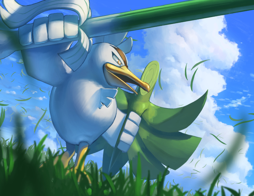 bird cloud commentary_request day from_below gen_8_pokemon grass holding holding_weapon no_humans open_mouth outdoors pokemon pokemon_(creature) shield sirfetch'd sky spring_onion supearibu weapon