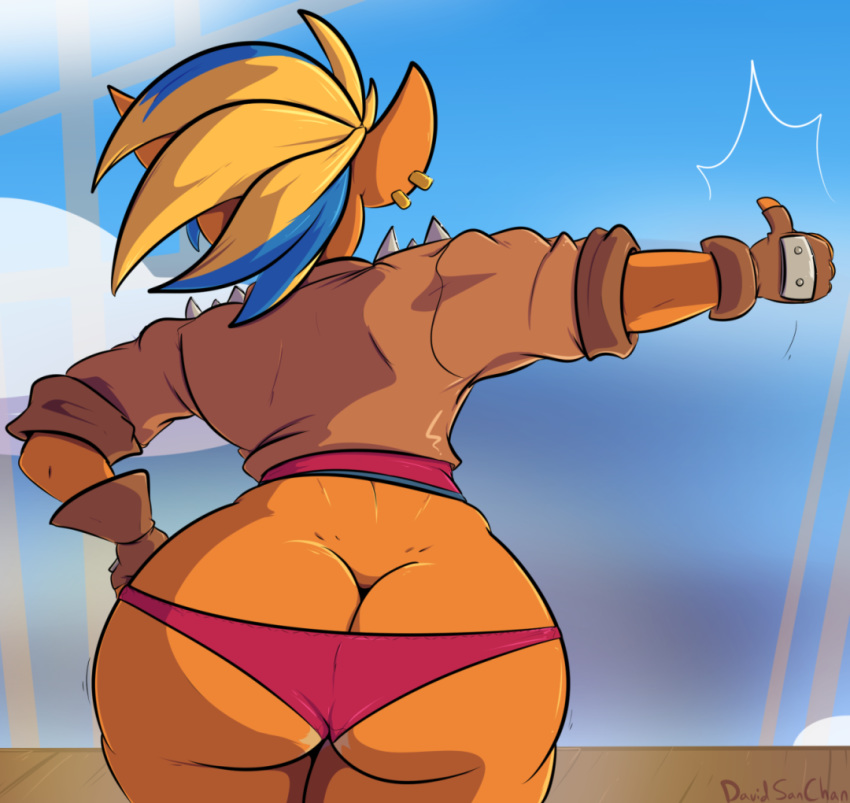 activision anthro bandicoot big_butt blue_sky butt clothed clothing crash_bandicoot_(series) curvaceous curvy_figure davidsanchan ear_piercing ear_ring female fingerless_gloves gesture gloves hair hand_on_hip handwear hitchhiking huge_butt jacket mammal marsupial multicolored_hair orange_body panties piercing pirate_tawna portrait rear_view sky solo tawna_bandicoot thick_thighs three-quarter_portrait thumbs_up topwear two_tone_hair underwear video_games voluptuous wide_hips