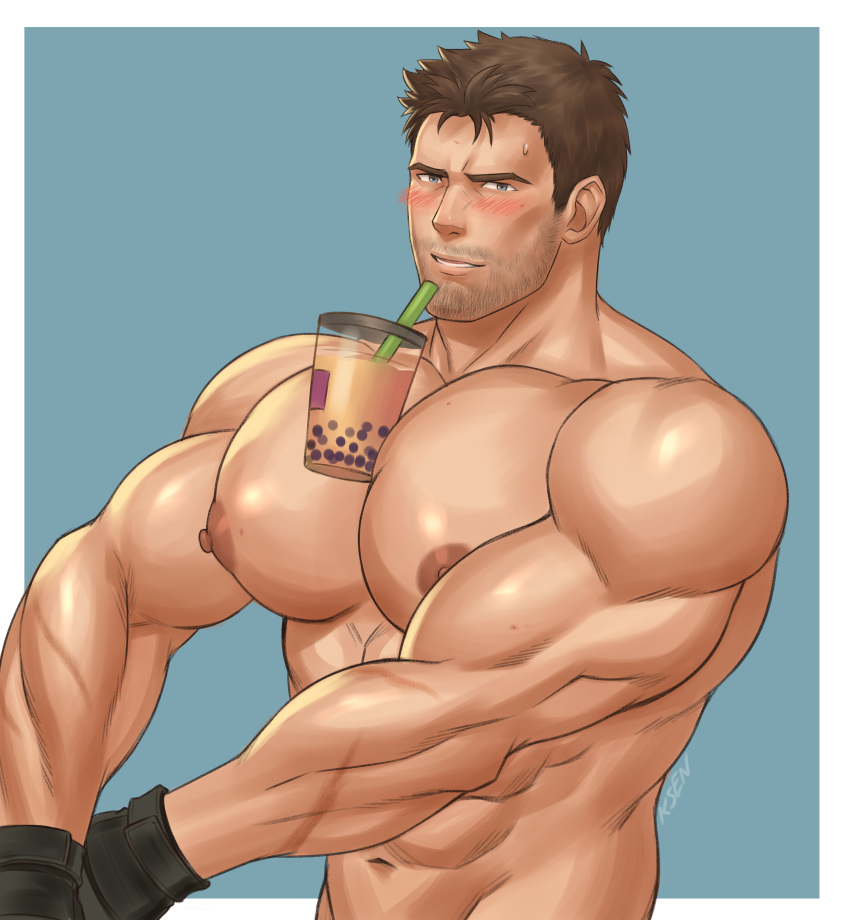 1boy abs absurdres bara between_pecs blue_eyes blush brown_hair bubble_tea bubble_tea_challenge chest chris_redfield cup disposable_cup drink drinking_straw facial_hair highres huge_nipples k_sen212 male_focus manly meme muscle navel nipples object_on_pectorals pectorals resident_evil short_hair solo stubble upper_body