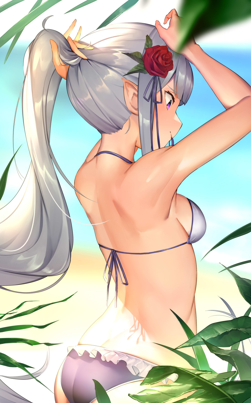 1girl absurdres adjusting_hair armpits arms_up ass back bangs bare_shoulders bikini blurry blurry_background breasts emilia_(re:zero) facing_away flower frilled_bikini frills from_behind hair_flower hair_ornament halterneck highres leaf long_hair medium_breasts mouth_hold pointy_ears purple_eyes re:zero_kara_hajimeru_isekai_seikatsu rose shoulder_blades silver_hair solo string_bikini swimsuit tree white_bikini yatsutsuki