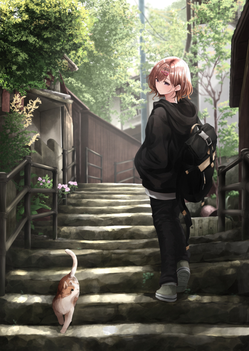 1girl animal backpack bag black_hoodie black_pants blush brown_hair building casual cat closed_mouth day flower full_body fuu_(fuore) hair_ornament hairclip hands_in_pockets highres higuchi_madoka hood hood_down idolmaster idolmaster_shiny_colors long_sleeves looking_back looking_down mole mole_under_eye outdoors pants purple_eyes railing short_hair solo stairs stone_stairs tree walking white_flower