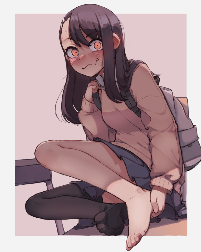 1girl backpack bag bangs black_hair black_legwear blush breasts commentary hair_ornament hairclip highres ijiranaide_nagatoro-san k-rha's long_hair long_sleeves looking_at_viewer nagatoro_hayase nose_blush orange_eyes pantyhose pleated_skirt skirt small_breasts solo wavy_mouth wing_collar