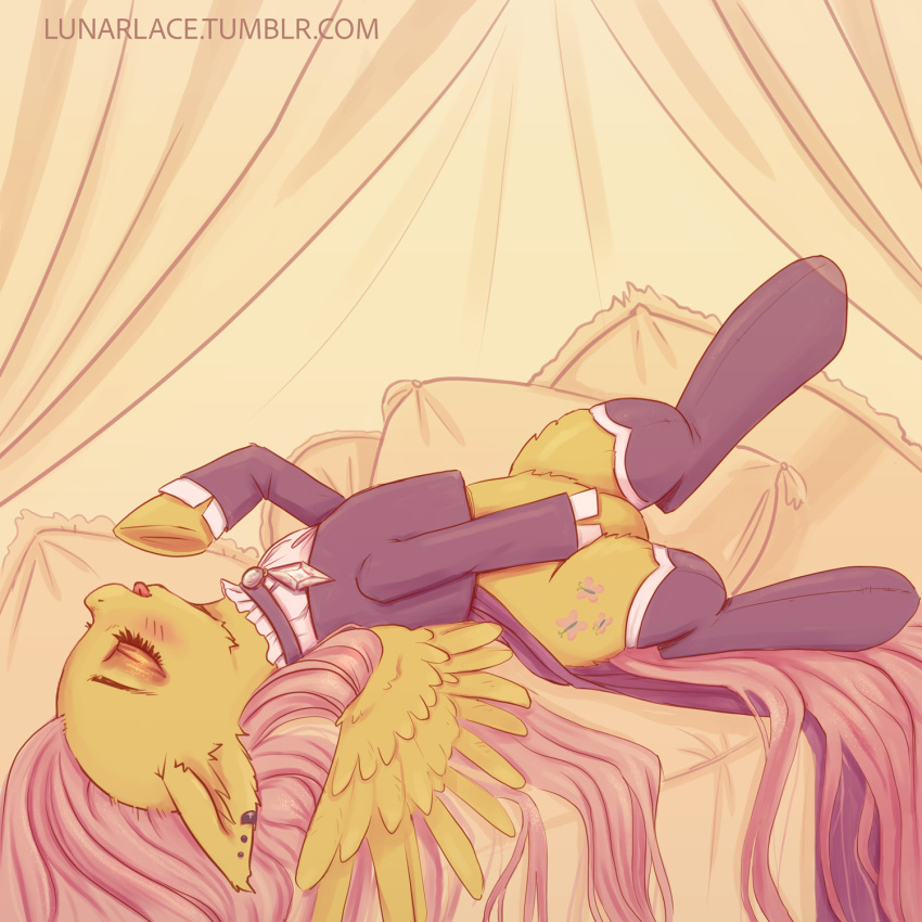 1:1 2018 bed blush clothing cutie_mark ear_piercing equid equine eyes_closed feathered_wings feathers female feral fluttershy_(mlp) friendship_is_magic fur furniture hand_on_crotch hasbro hi_res inner_ear_fluff lunarlacepony lying maid_uniform mammal mane my_little_pony on_back on_bed open_mouth pegasus piercing pillow pink_mane pink_tail solo story story_in_description tongue tongue_out tuft underhoof uniform wings yellow_body yellow_feathers yellow_fur yellow_wings