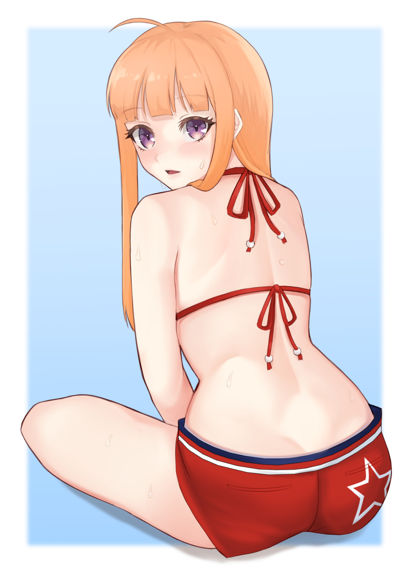 1girl absurdres ahoge bangs bikini bikini_shorts blonde_hair blunt_bangs border from_behind highres long_hair looking_at_viewer looking_back open_mouth outside_border persona persona_5 purple_eyes red_bikini red_ribbon red_shorts renefu ribbon sakura_futaba short_shorts shorts sitting solo straight_hair sweatdrop swimsuit very_long_hair white_border