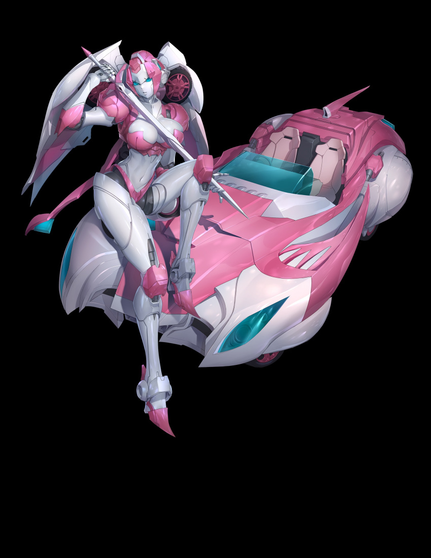 1girl absurdres big_firebird_toys blue_eyes breasts car cleavage ground_vehicle highres holding holding_sword holding_weapon large_breasts lips looking_at_viewer mechamania motor_vehicle navel nicee no_humans official_art robot shiny shiny_hair simple_background smile solo sword transformers weapon