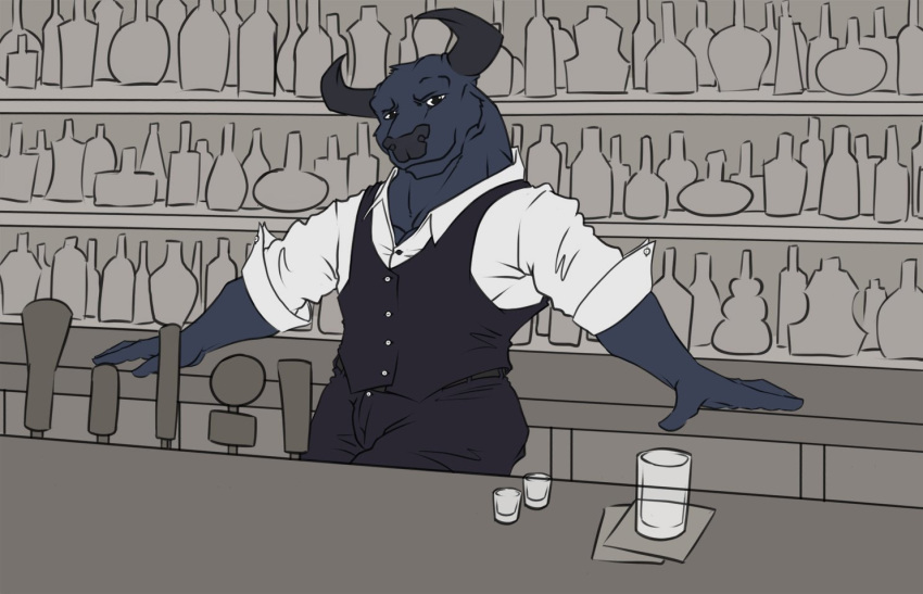 anthro black_body black_eyes black_fur bovid bovine cattle clothed clothing detailed_background fur horn male mammal muscular muscular_anthro muscular_male saruuk smile solo