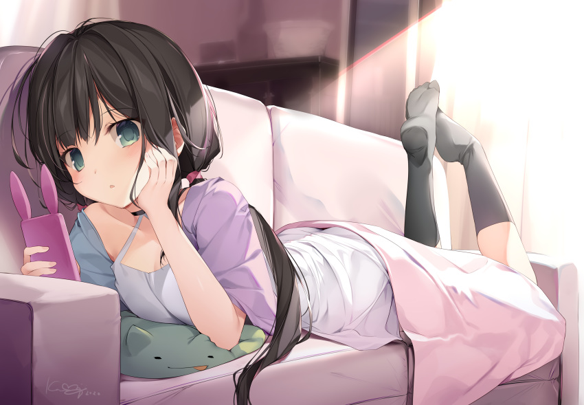 black_hair couch green_eyes karory long_hair original phone signed twintails