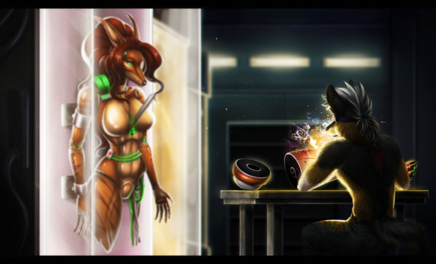 2020 android animatronic anthro armor augmentation battle big_breasts breasts butt canid canine canis clothed clothing colored cybernetics cyberpunk cyborg digital_drawing_(artwork) digital_media_(artwork) digital_painting_(artwork) dreadlocks duo english_text female fingers fox full-length_portrait fur girly glowing hair hatred laboratory looking_at_viewer machine male mammal melee_weapon nude portrait rizonik robot shaded simple_background sparkles synthetic text weapon wolf
