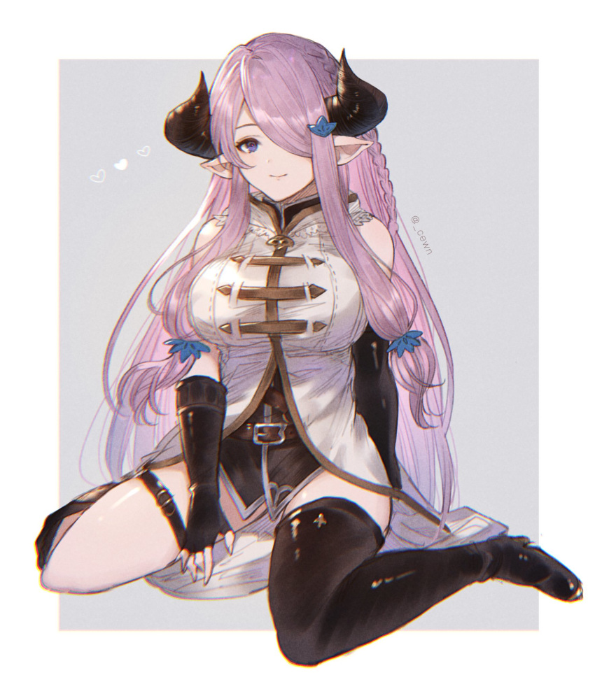 1girl asymmetrical_footwear bangs bare_shoulders belt blue_eyes boots braid breasts closed_mouth draph elbow_gloves fingerless_gloves gloves granblue_fantasy hair_ornament hair_over_one_eye highres horns kiri_ph large_breasts lips long_hair looking_at_viewer narmaya_(granblue_fantasy) pink_hair pointy_ears purple_background shiny shiny_hair shiny_skin signature simple_background single_thigh_boot sitting sleeveless smile solo thigh_boots thigh_strap thighhighs thighs tied_hair wariza