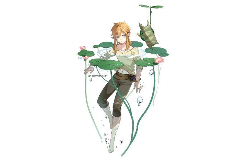 all_male aqua_eyes barefoot blonde_hair bubbles flowers korok leaves leopardtiger link_(zelda) male navel pointed_ears ponytail shirt the_legend_of_zelda third-party_edit water watermark white