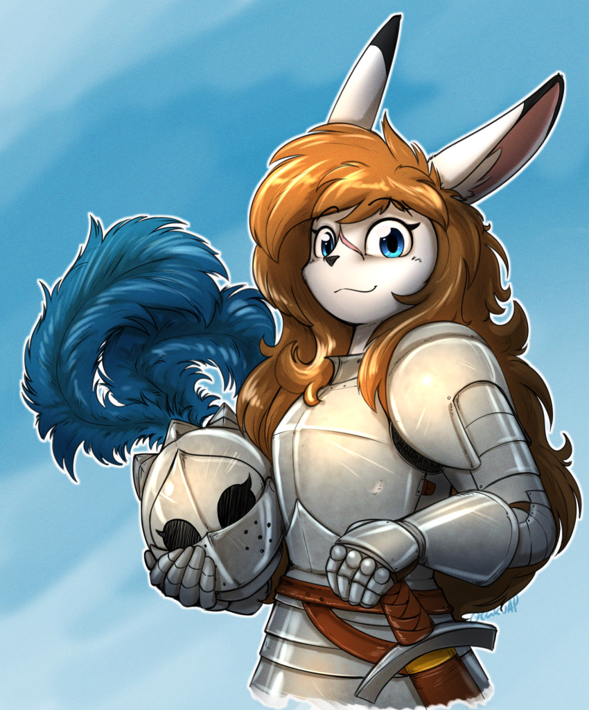 2020 anthro armor armorbun blue_background blue_eyes brown_hair digital_media_(artwork) facial_scar female gradient_background hair headgear helmet hi_res knight lagomorph leporid long_hair looking_at_viewer mammal melee_weapon otakuap rabbit scar signature simple_background smile solo sword warrior wavy_mouth weapon