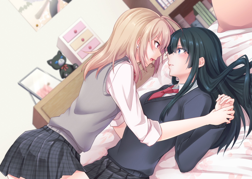 2girls aoinu_(shuumatsugeki) bed_sheet bedroom black_hair black_sweater blonde_hair blue_eyes blurry blurry_background bookshelf brown_eyes collared_shirt dutch_angle earrings eye_contact grey_skirt grey_sweater highres holding_hands indoors jewelry long_hair long_sleeves looking_at_another lying miniskirt multiple_girls necktie on_back on_bed open_mouth original parted_lips pillow plaid plaid_skirt pleated_skirt red_neckwear school_uniform shiny shiny_hair shirt skirt stuffed_animal stuffed_toy sweater sweater_vest teddy_bear very_long_hair white_shirt wing_collar yuri