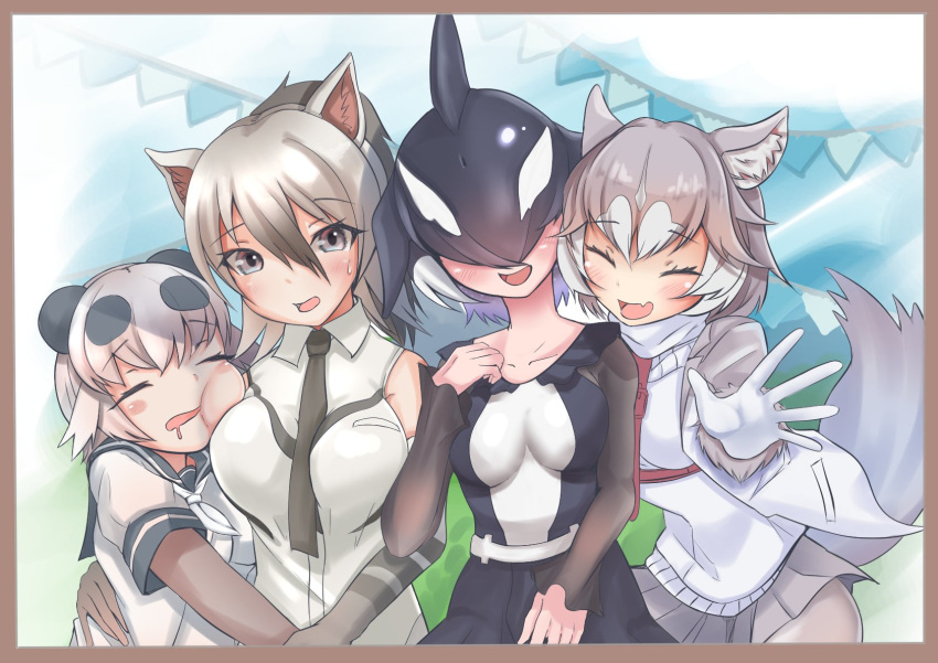 4girls aardwolf_(kemono_friends) aardwolf_ears animal_ear_fluff animal_ears arm_around_waist bangs bear_ears bear_girl black_hair blowhole border breast_pocket breasts buchibussei cheek_press closed_eyes collarbone collared_shirt covered_eyes day dog_(mixed_breed)_(kemono_friends) dog_ears dog_girl dog_tail dorsal_fin dress elbow_gloves eyebrows_visible_through_hair facing_viewer fang giant_panda_(kemono_friends) gloves grey_hair hair_between_eyes hair_over_eyes hand_on_another's_waist harness head_fins head_on_chest highres jacket kemono_friends leaning_to_the_side long_hair long_sleeves looking_at_viewer medium_hair mouth_drool multicolored_hair multiple_girls necktie open_mouth orca_(kemono_friends) outdoors panda_ears photo_(object) pocket sailor_collar shirt short_hair short_over_long_sleeves short_sleeves silver_eyes silver_hair skirt sleeping sleeveless sleeveless_shirt smile sweater_vest tail two-tone_hair upper_body white_hair wing_collar