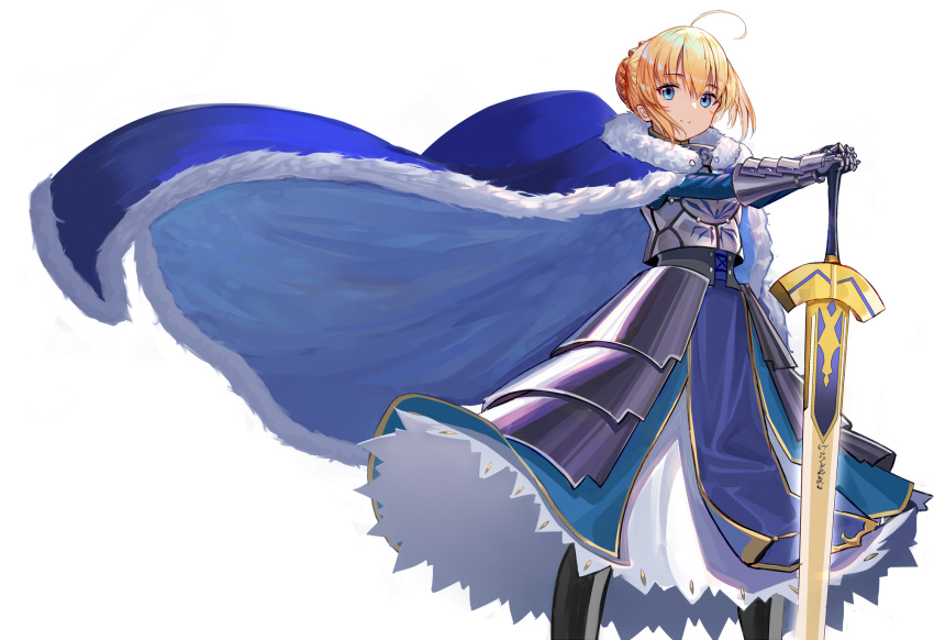 1girl ahoge armor armored_dress aroa_(aroamoyasi) artoria_pendragon_(all) bangs blonde_hair blue_cape blue_dress blue_eyes braid braided_bun calligraphy_brush_(medium) cape closed_mouth dress excalibur eyebrows_visible_through_hair fate/stay_night fate_(series) fur-trimmed_cape fur_trim gauntlets hair_between_eyes hands_on_hilt highres long_dress saber shiny shiny_hair short_hair simple_background smile solo standing sword weapon white_background