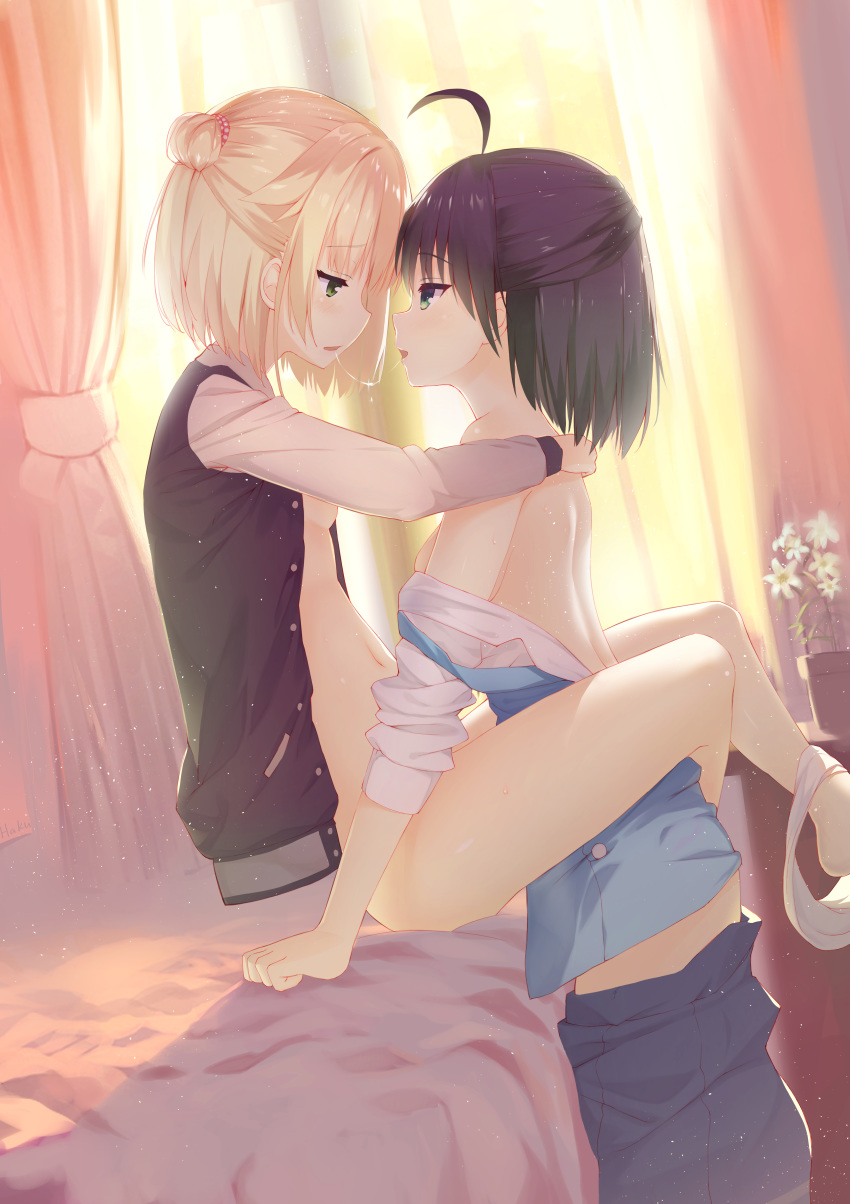 2girls absurdres after_kiss arm_around_neck barefoot bedroom black_hair black_jacket blonde_hair blue_(9153585) blue_eyes bottomless breasts clothes_down curtains from_side green_eyes highres hitachi_mako indoors jacket kariya_wakana leg_lock long_sleeves multiple_girls naked_jacket open_clothes open_jacket open_shirt panties panties_around_ankles panty_pull saliva saliva_trail sanoba_witch seiyuu_connection senren_banka shiny shiny_hair shirt short_hair sideboob sitting small_breasts tied_hair underwear white_shirt yuri