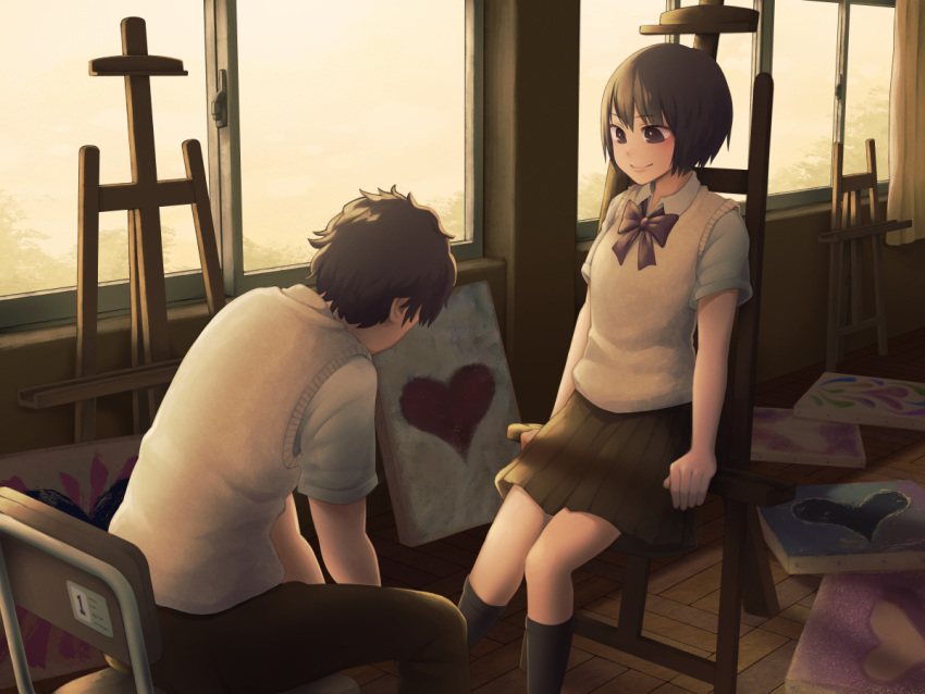 1boy 1girl art_room bangs black_legwear black_pants black_skirt bob_cut bow bowtie breasts brown_eyes brown_hair brown_sweater_vest canvas_(object) chair commentary dress_shirt dusk easel face-to-face feet_out_of_frame head_down heart indoors kneehighs looking_at_another on_chair original painting_(object) pants pleated_skirt red_neckwear school school_chair school_uniform shirt short_hair short_sleeves sitting skirt small_breasts smile socks wavy_hair white_shirt window yajirushi_(chanoma)