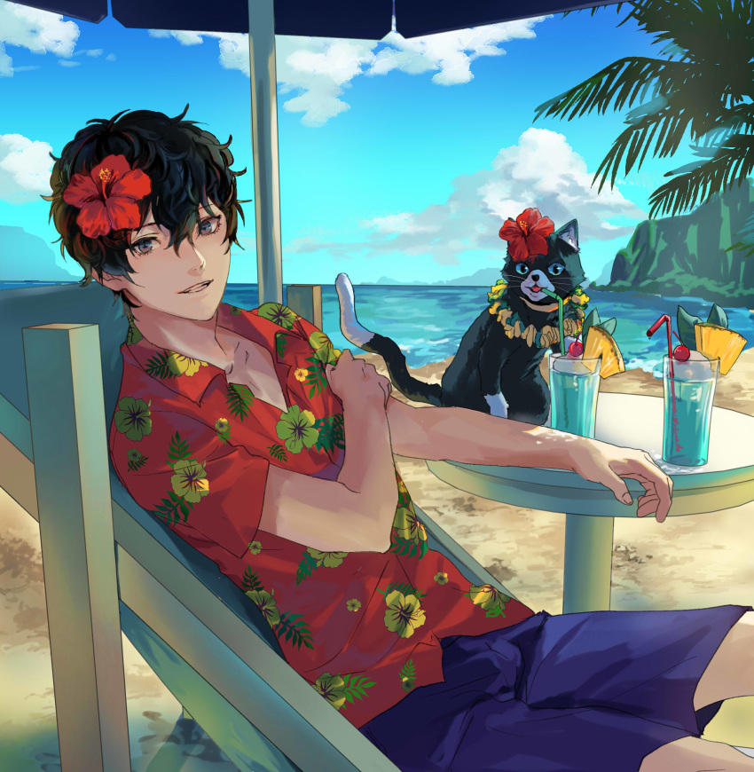 1boy amamiya_ren bangs beach black_eyes black_hair blue_shorts cat cloud collarbone collared_shirt dress_shirt drinking_straw flower grin hair_between_eyes hair_flower hair_ornament hanimo0404 hawaiian_shirt hibiscus hibiscus_print highres looking_at_viewer male_focus morgana_(persona_5) ocean parasol persona persona_5 red_flower red_shirt shirt shorts smile solo umbrella wing_collar