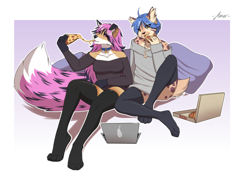 2020 4_toes 5_fingers absurd_res amur anthro canid canine canis clothed clothing collar digital_media_(artwork) domestic_dog duo felid feline female fingers hair hi_res jewelry mammal necklace pink_eyes pink_hair sitting toes