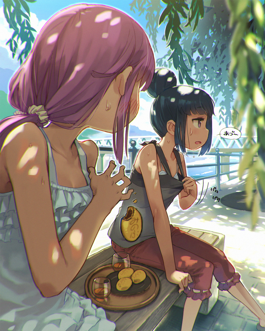 2girls bare_arms bare_shoulders bench blue_sky bra casual commentary_request cookie cup dark_blue_hair drinking_glass food hair_bun highres kagamihara_nadeshiko leaf minawa multiple_girls pants pink_hair plant plate purple_eyes shade shima_rin short_hair_with_long_locks sitting sky summer sweat tank_top translation_request tray underwear yurucamp