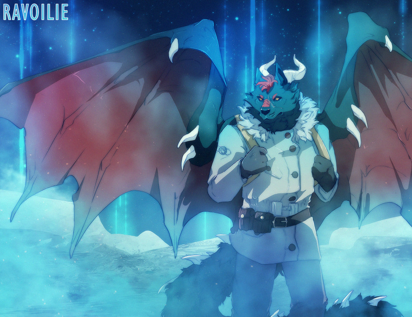 2020 anthro black_body black_fur detailed_background digital_media_(artwork) dragon fur furred_dragon hi_res horn male membrane_(anatomy) membranous_wings night outside ravoilie sky solo star starry_sky wings