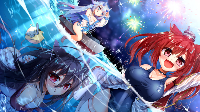 +_+ 3girls :3 :d aerial_fireworks air_bubble animal_ears antenna_hair arm_up ass azur_lane bangs bare_shoulders black_choker black_hair blue_eyes blue_hair blue_horns blue_swimsuit blush breasts bubble cat_ears choker cleavage closed_mouth collarbone commentary_request cross_hair_ornament dutch_angle eyebrows_visible_through_hair fang fireworks flat_chest freediving full_body gold_choker hair_between_eyes hair_ornament highres horns i-13_(azur_lane) i-168_(azur_lane) i-19_(azur_lane) large_breasts long_hair looking_at_viewer looking_up manjuu_(azur_lane) mikage_(shibi) multiple_girls night night_sky ocean one-piece_swimsuit open_mouth partially_submerged partially_underwater_shot red_eyes red_hair sailor_collar school_swimsuit see-through_sleeves short_eyebrows sidelocks skindentation sky sleeves_past_fingers sleeves_past_wrists smile submarine submerged swimsuit symbol-shaped_pupils taut_clothes taut_swimsuit thick_eyebrows thighhighs twintails very_long_hair watercraft wet wet_clothes white_legwear white_swimsuit