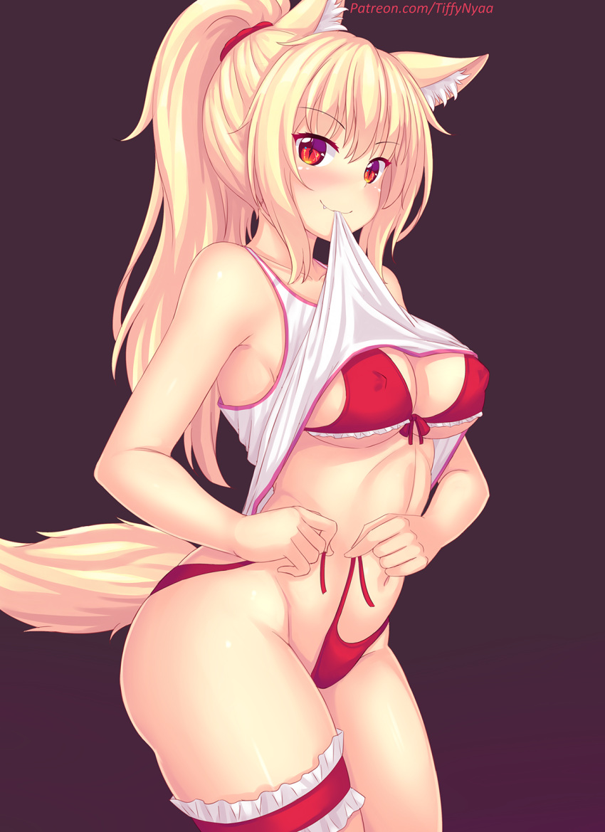 1girl animal_ear_fluff animal_ears bangs blonde_hair blush bra breasts cat_ears cat_tail commentary english_commentary eyebrows_visible_through_hair fang fang_out highres large_breasts leg_garter long_hair looking_at_viewer mouth_hold nottytiffy original panties red_bra red_eyes red_panties side-tie_panties slit_pupils smile solo tail thighhighs thighs tiffy_(nottytiffy) tying_panties underwear untied untied_panties watermark web_address