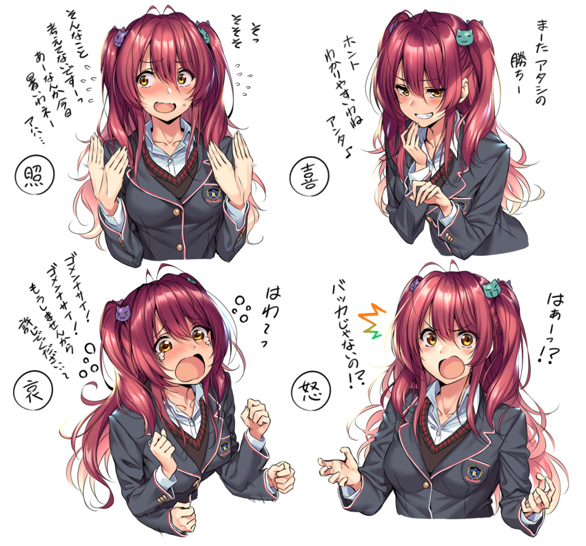 1girl blush breasts cat_hair_ornament expression_chart expressions fanning_self hair_ornament hanikami_kanojo highres long_hair medium_breasts multiple_views original partially_translated piromizu red_hair school_uniform simple_background smile smug surprised sweat tearing_up translation_request twintails white_background