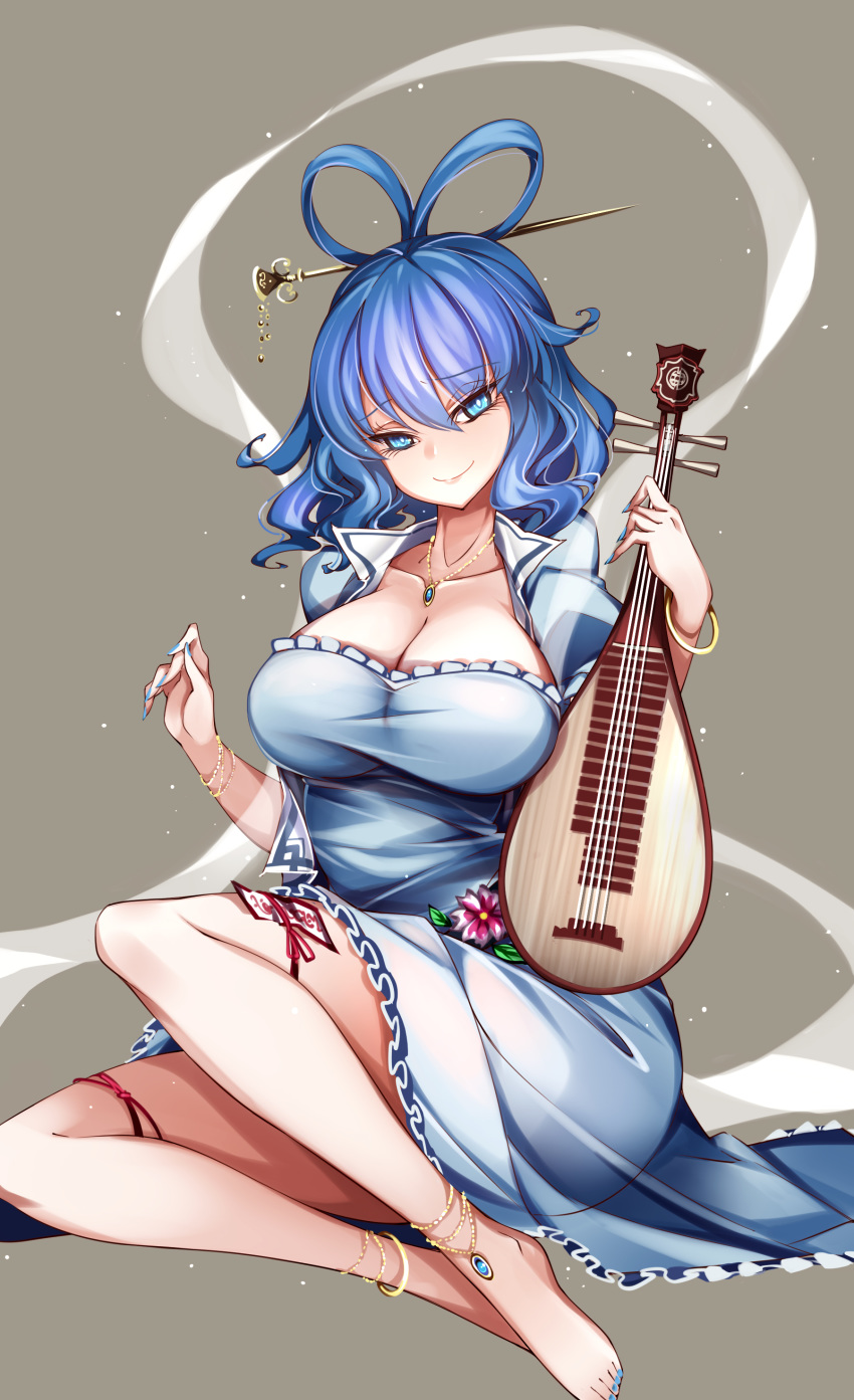 1girl absurdres anklet bangle biwa_lute blue_dress blue_eyes blue_hair blue_nails bracelet breasts cleavage closed_mouth collarbone dress eyelashes fingernails flower hair_ornament hair_rings hair_stick highres holding instrument jewelry kaku_seiga large_breasts long_fingernails looking_at_viewer lute_(instrument) medium_hair nail_polish necklace ofuda pink_flower puffy_short_sleeves puffy_sleeves raptor7 shawl short_dress short_sleeves simple_background sitting smile solo toenail_polish touhou wavy_hair