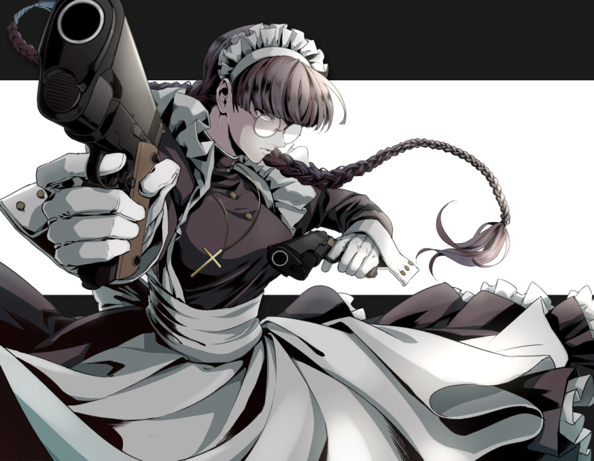 1girl apron bangs black_background black_dress black_hair black_lagoon blunt_bangs braid breasts commentary_request constricted_pupils cross cross_necklace dress finger_on_trigger foreshortening frilled_apron frills gloves jewelry large_breasts long_braid long_sleeves looking_at_viewer maid maid_headdress necklace nose roberta_(black_lagoon) round_eyewear simple_background solo tsurime twin_braids two-tone_background waist_apron white_background white_gloves wrist_cuffs yasuo_(chisyu0204)