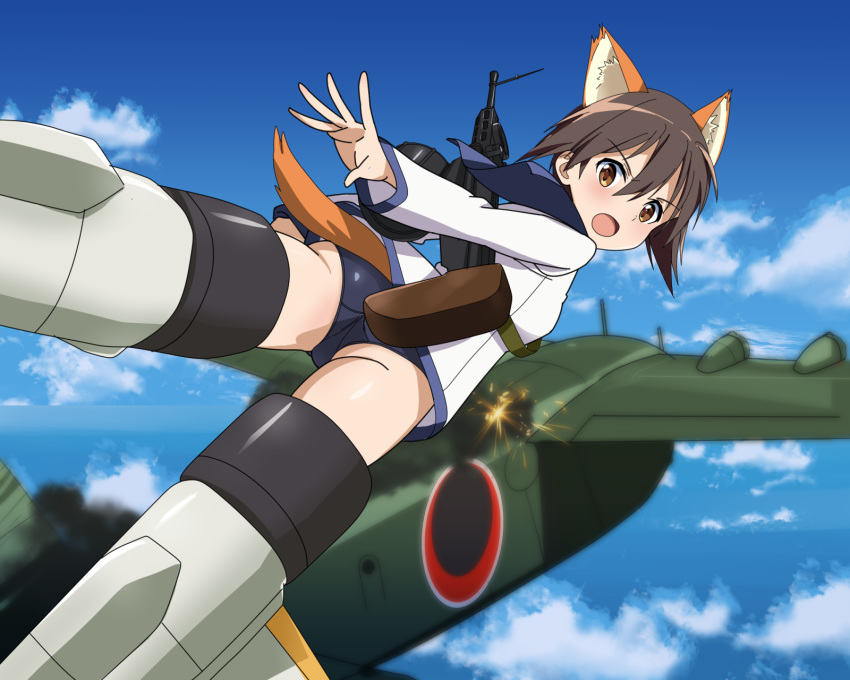 1girl aircraft airplane animal_ears ass blue_swimsuit blush breasts brown_eyes brown_hair dress eyebrows_visible_through_hair flying gun highres kaneko_(novram58) looking_back military military_uniform miyafuji_yoshika open_mouth raccoon_ears raccoon_tail rifle sailor_dress shiny shiny_clothes shiny_hair short_hair sky small_breasts solo strike_witches striker_unit swimsuit swimwear tail uniform weapon world_witches_series