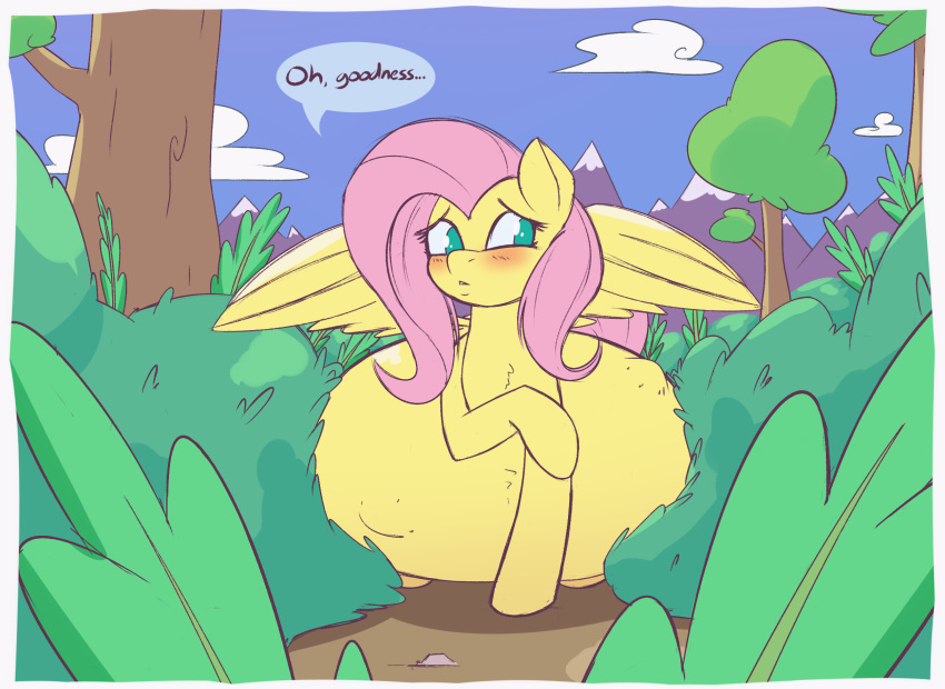 2020 abdominal_bulge blush dialogue embarrassed equid equine female feral fluttershy_(mlp) forfun41 friendship_is_magic fur green_eyes hi_res horse mammal mane mountain my_little_pony pink_mane plant pony pregnant shrub solo speech_bubble tree unborn_kicking wings yellow_body yellow_fur