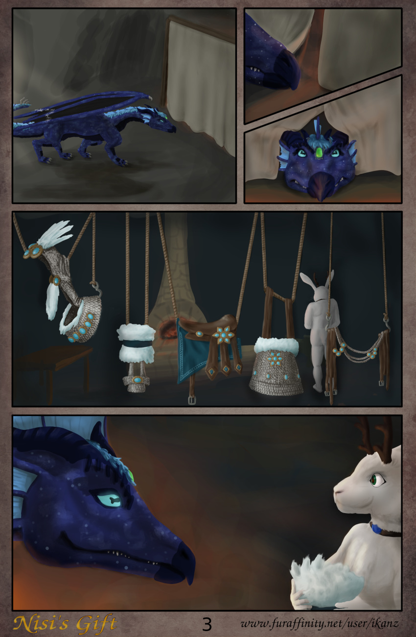 absurd_res armor cave comic_(nisi'sgift) comic_page dragon duo female feral hi_res horn ikanz jackalope lagomorph male mammal nisi_diamondfire text turok_lore url