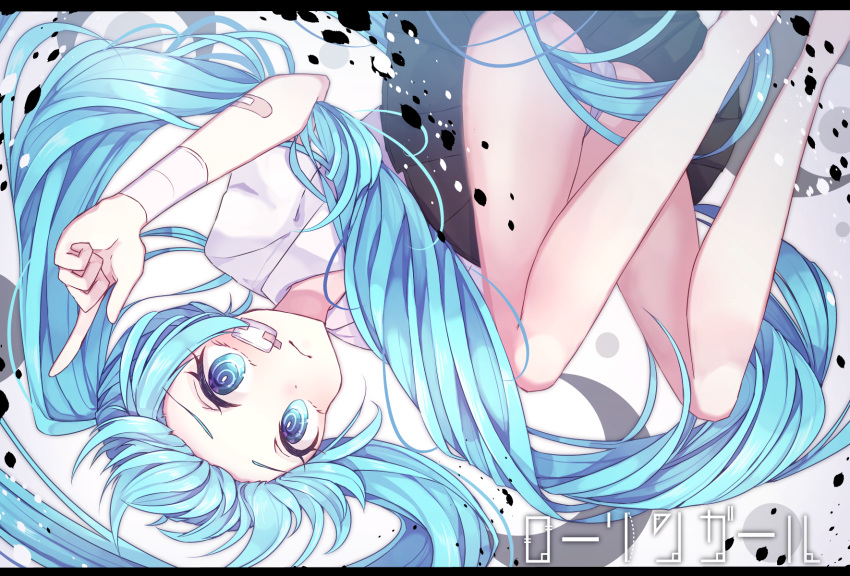 1girl @_@ aqua_eyes aqua_hair bandaged_arm bandages bandaid black_skirt commentary forehead frown hatsune_miku highres letterboxed long_hair looking_at_viewer nanairo_madani panties pleated_skirt rolling_girl_(vocaloid) shirt skirt solo twintails underwear upside-down very_long_hair vocaloid white_panties white_shirt