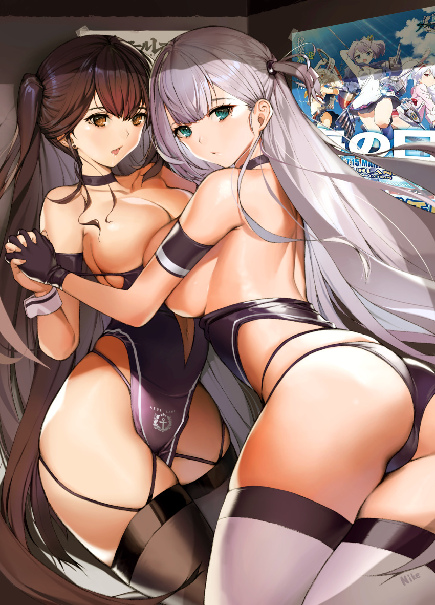 2girls absurdres alternate_costume aqua_eyes artist_name ass azur_lane back bare_shoulders black_choker black_gloves black_legwear breasts brown_eyes brown_hair choker cleavage collarbone earrings eyebrows_visible_through_hair gloves hair_ornament hand_on_hand highres holding_hands jewelry large_breasts long_hair looking_at_another looking_at_viewer mole mole_under_eye multiple_girls nike1060 open_mouth race_queen shoukaku_(azur_lane) shoukaku_(sororal_wings)_(azur_lane) silver_hair thighhighs thighs white_legwear yuri zuikaku_(azur_lane) zuikaku_(the_wind's_true_name)_(azur_lane)