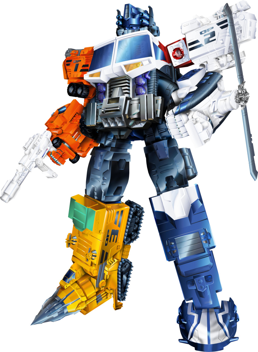 1980s_(style) absurdres autobot blue_eyes clenched_hands draconis130 english_commentary gun highres holding holding_gun holding_weapon mecha no_humans oldschool optimus_prime parody solo standing style_parody transformers transformers_energon weapon white_background