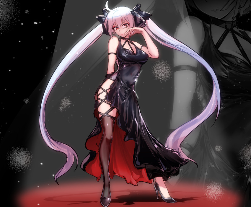 1girl ahoge alternate_hair_color arm_strap bangs bare_shoulders between_breasts black_dress black_footwear black_legwear black_ribbon borrowed_design breasts commentary_request contrapposto cross-laced_clothes dress full_body hair_ribbon halter_dress hand_up hatsune_miku high_heels long_hair looking_at_viewer medium_breasts orange_eyes purple_hair ribbon ryuu_tou side_slit silver_hair single_thighhigh sleeveless sleeveless_dress solo standing stiletto_heels thigh_strap thighhighs twintails very_long_hair vocaloid