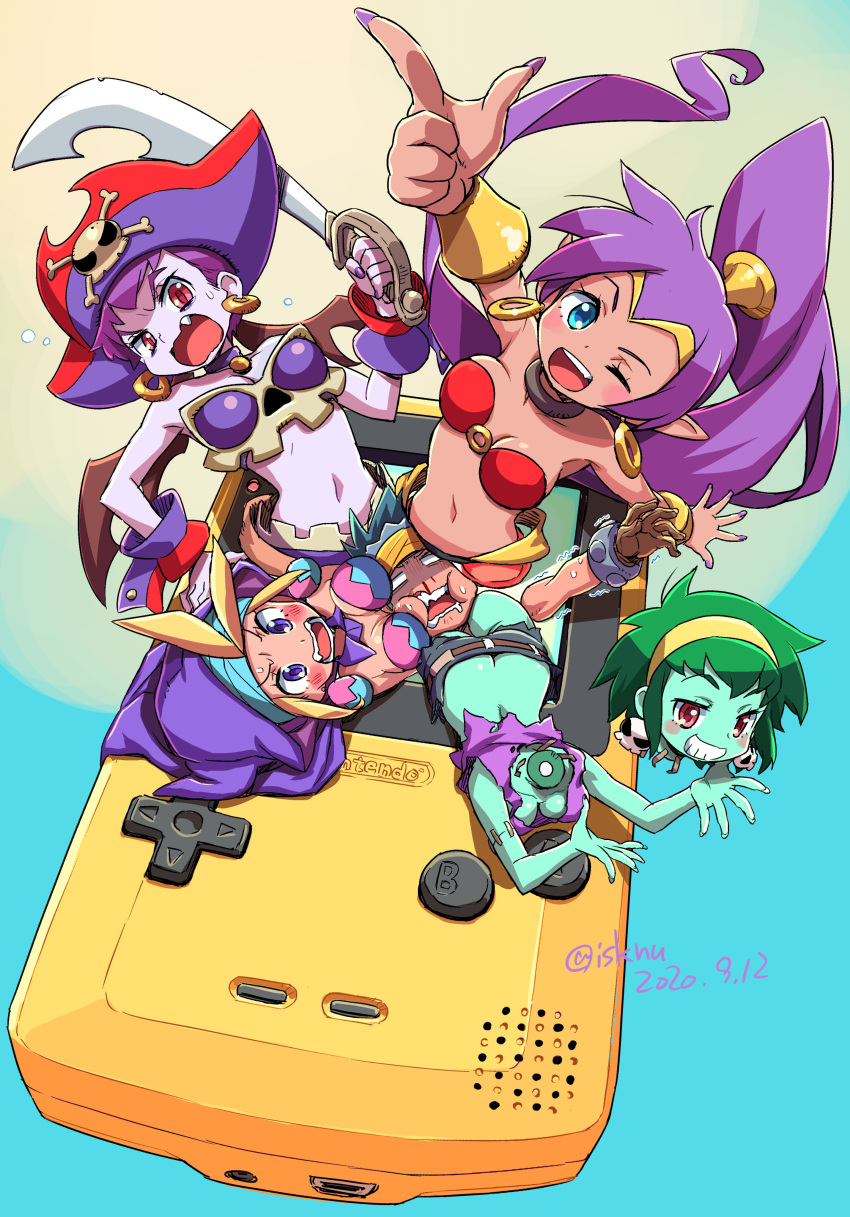 1boy 4girls absurdres blonde_hair blue_eyes blue_hair bolo_(shantae) breasts cleavage closed_eyes dark_skin earrings game_boy green_skin grey_skin handheld_game_console head_removed highres isedaichi_ken jewelry looking_to_the_side medium_breasts midriff monster_girl multiple_girls navel one_eye_closed open_mouth pirate purple_hair risky_boots rottytops shantae_(character) shantae_(series) skull_earrings sky_(shantae) v-shaped_eyebrows zombie