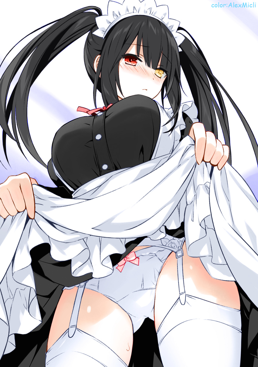 1girl apron asymmetrical_hair bow bow_panties breasts clock_eyes colorized date_a_live dress_shirt eyebrows_visible_through_hair from_below garter_straps heterochromia highres large_breasts lifted_by_self long_hair maid maid_headdress monochrome novel_illustration official_art panties shiny shiny_hair shirt skirt skirt_lift solo standing symbol-shaped_pupils thighhighs tokisaki_kurumi tsunako twintails underwear very_long_hair waist_apron