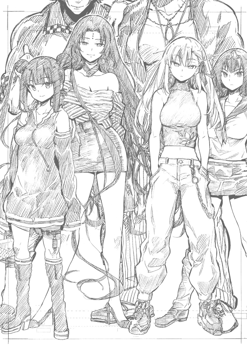 2boys 4girls absurdres arms_behind_back bangs bare_shoulders breasts cleavage double_bun earrings eyebrows_visible_through_hair fate/grand_order fate_(series) greyscale hands_in_pockets high_heels highres jewelry kama_(fate/grand_order) kneehighs kojima_takeshi leonidas_(fate/grand_order) long_hair midriff monochrome multiple_boys multiple_girls navel necklace sailor_collar scathach_(fate)_(all) scathach_skadi_(fate/grand_order) sesshouin_kiara skirt sleeveless smile spartacus_(fate) twintails yang_guifei_(fate/grand_order)