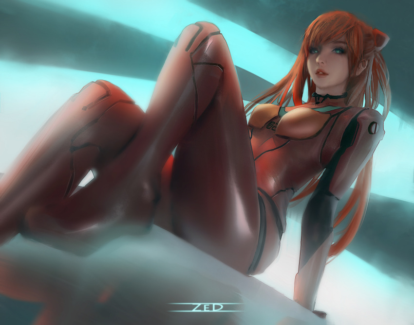 1girl artist_name bangs blue_eyes bodysuit braid closed_mouth highres lips lipstick long_hair looking_at_viewer makeup neon_genesis_evangelion open_mouth orange_hair painting sitting solo souryuu_asuka_langley teeth twin_braids zed_(trungbui42)