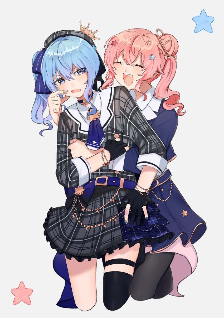 2girls absurdres anemachi annoyed ascot belt beret black_gloves blue_eyes blue_hair bracelet buckle cheek_pinching choker closed_eyes crown gloves hair_bun hair_ornament hat highres hololive hoshimachi_suisei hug hug_from_behind jewelry mini_crown multiple_girls okutorinno open_mouth partly_fingerless_gloves pinching pink_hair plaid plaid_headwear plaid_jacket plaid_skirt siblings side_ponytail single_thighhigh sisters skirt smile star_(symbol) star_in_eye symbol_in_eye thigh_strap thighhighs virtual_youtuber