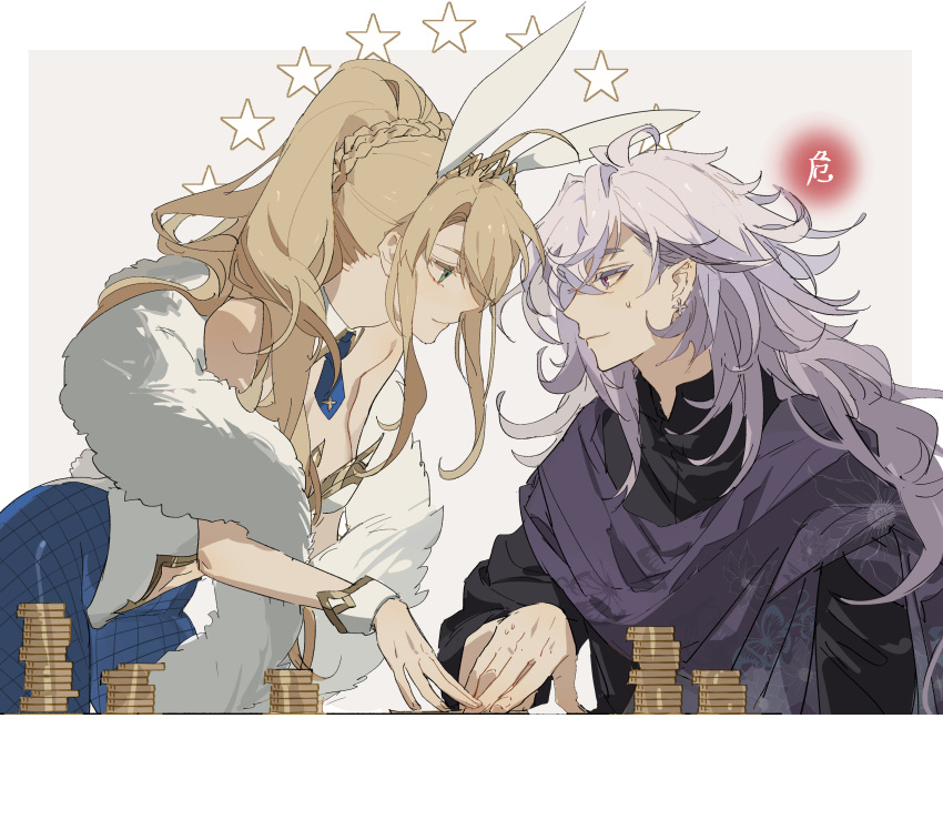 1boy 1girl absurdres ahoge animal_ears artoria_pendragon_(all) bangs bare_shoulders blonde_hair blue_neckwear braid breasts bunny_ears cleavage closed_mouth coin collar commentary_request detached_collar ear_piercing earrings eyebrows_visible_through_hair face-to-face fake_animal_ears fate/grand_order fate_(series) from_side fur green_eyes grey_background hair_between_eyes hair_ornament highres jewelry long_hair long_sleeves looking_at_another merlin_(fate) money necktie piercing purple_eyes purple_hair robe short_necktie sidelocks simple_background sitting sleeveless smile standing star_(symbol) sweat very_long_hair white_collar wrist_cuffs zhibuji_loom