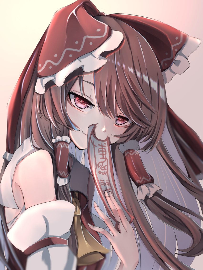 1girl ascot bangs bare_shoulders bow brown_hair detached_sleeves eyelashes fall_dommmmmer fingernails frilled_bow frills hair_bow hair_tubes hakurei_reimu highres long_hair looking_at_viewer ofuda portrait red_bow red_eyes shirt sidelighting sleeveless sleeveless_shirt smile solo touhou yellow_neckwear
