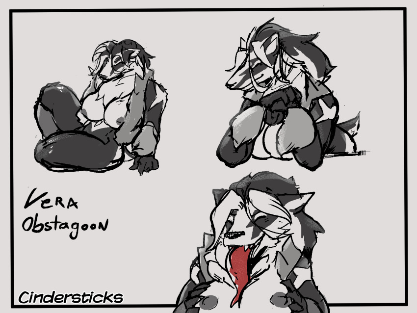 2020 4:3 anthro areola big_breasts breasts cindersticks digital_media_(artwork) eyes_closed female fur hair hi_res huge_breasts long_tongue mammal nintendo nipples nude obstagoon open_mouth pok&eacute;mon pok&eacute;mon_(species) pok&eacute;morph simple_background smile solo tongue tongue_out video_games