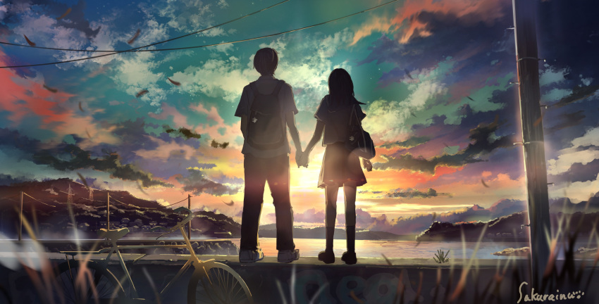 1boy 1girl absurdres artist_name backpack bag bag_charm bicycle black_hair bookbag charm_(object) cloud from_behind ground_vehicle highres holding_hands kneehighs mountainous_horizon original outdoors power_lines puzzle_piece sakura_inu_(itoyatomo) scenery shirt shoes skirt sneakers standing summer sunset t-shirt telephone_pole