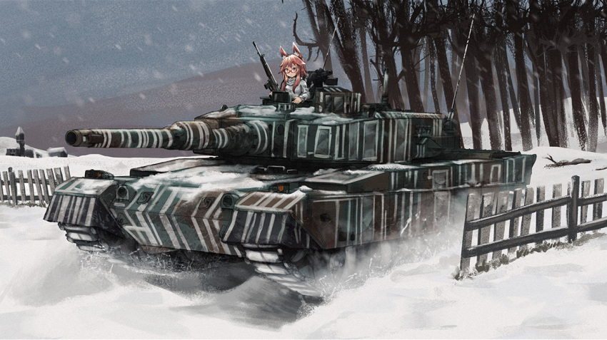 1girl animal_ears caterpillar_tracks fence fox_ears glasses ground_vehicle gun long_hair machine_gun military military_vehicle motor_vehicle original persocon93 red_eyes red_hair snow snowing sweat tank town type_90_kyu-maru weapon