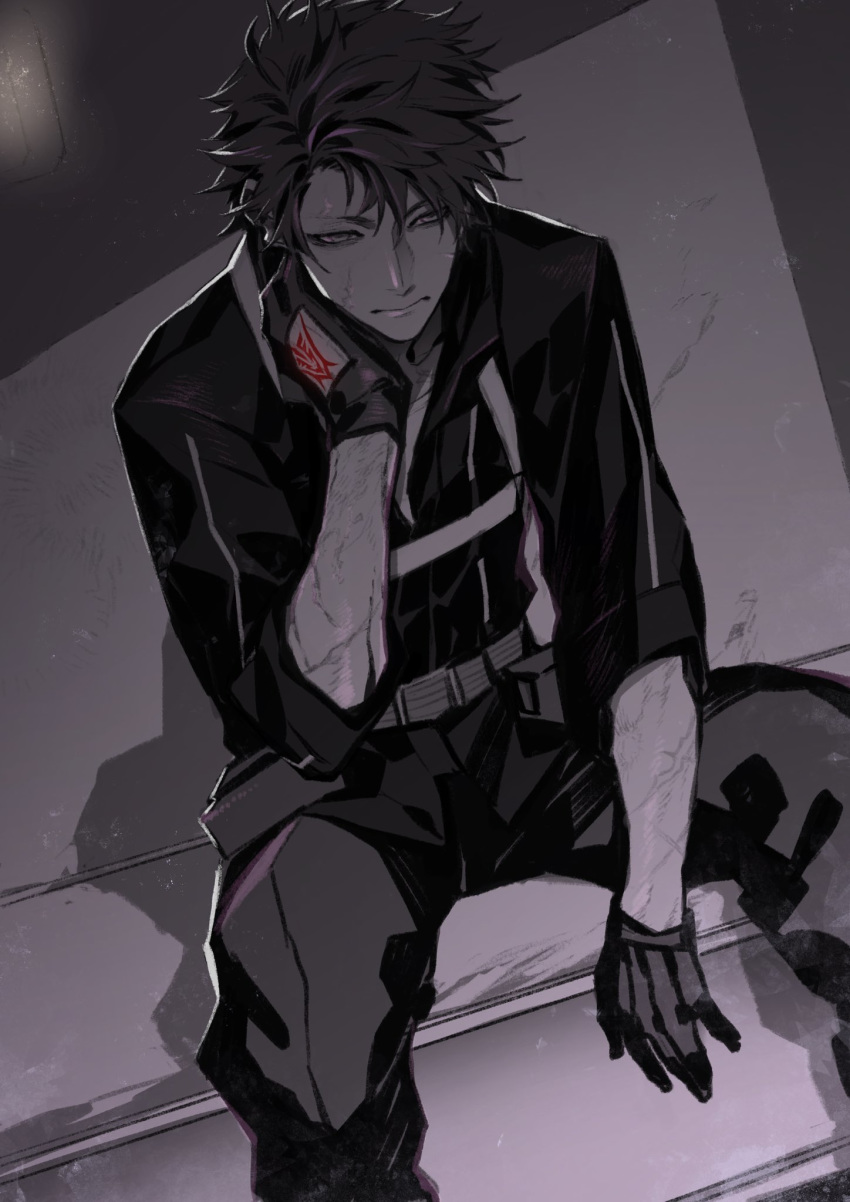 1boy bangs belt black_belt black_legwear depressed facial_scar fate/grand_order fate_(series) fujimaru_ritsuka_(male) gloves highres male_focus miwa_shirou monochrome pouch scar scar_on_cheek solo solo_focus