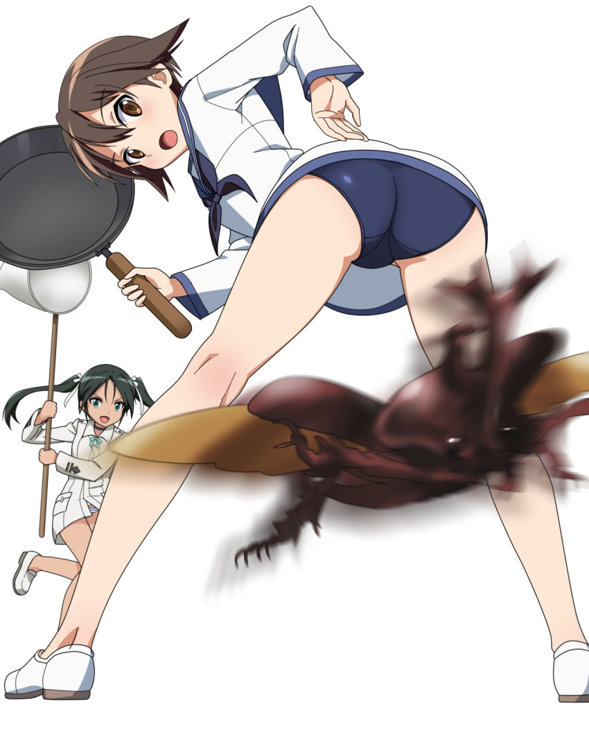 2girls ass beetle blue_swimsuit brown_eyes brown_hair bug butterfly_net dress francesca_lucchini frying_pan green_eyes green_hair hand_net highres insect kaneko_(novram58) looking_back military military_uniform miyafuji_yoshika multiple_girls open_mouth panties sailor_dress shiny shiny_clothes shiny_hair short_hair simple_background smile standing strike_witches striped striped_panties swimsuit twintails underwear uniform white_background world_witches_series